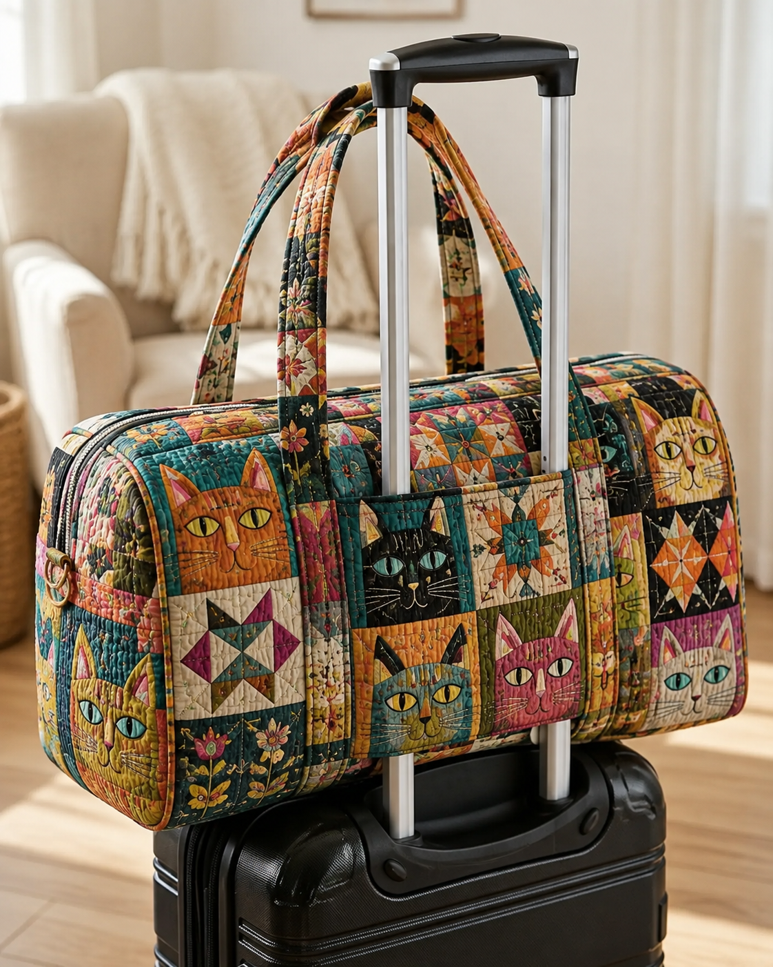 Folk Art Cat Patchwork Quilted Weekender Bag With Trolley Sleeve