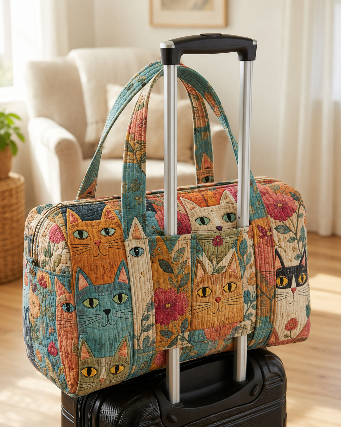 Pastel Cat Garden Patchwork Quilted Weekender Bag With Trolley Sleeve