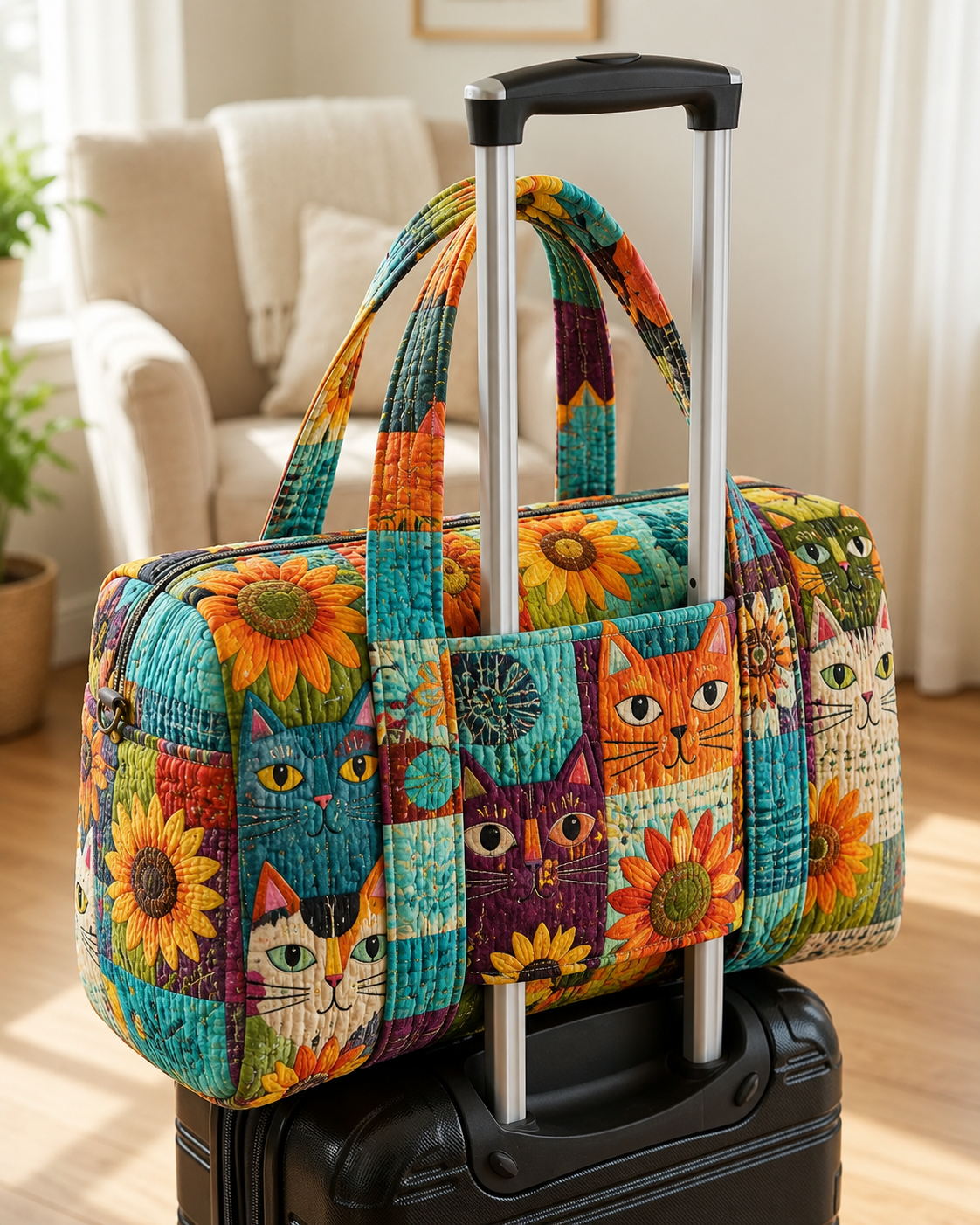 Sunflower Cat Patchwork Quilted Weekender Bag With Trolley Sleeve