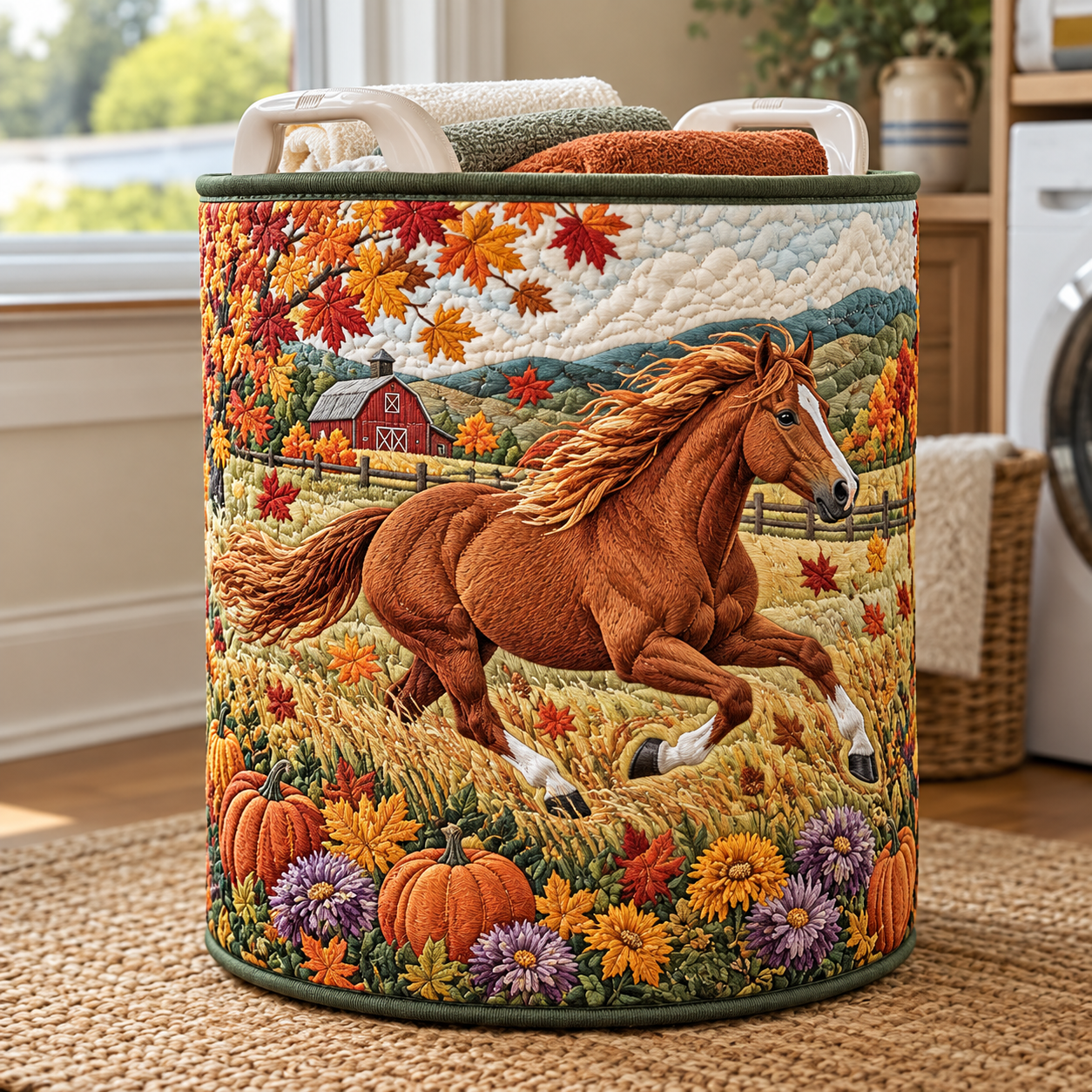 Autumn Galloping Horse Meadow Quilted Laundry Basket