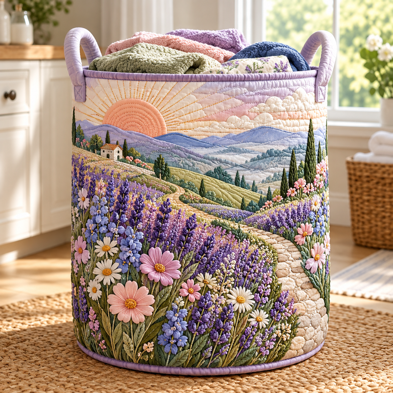 Lavender Mountain Sunrise Quilted Laundry Basket