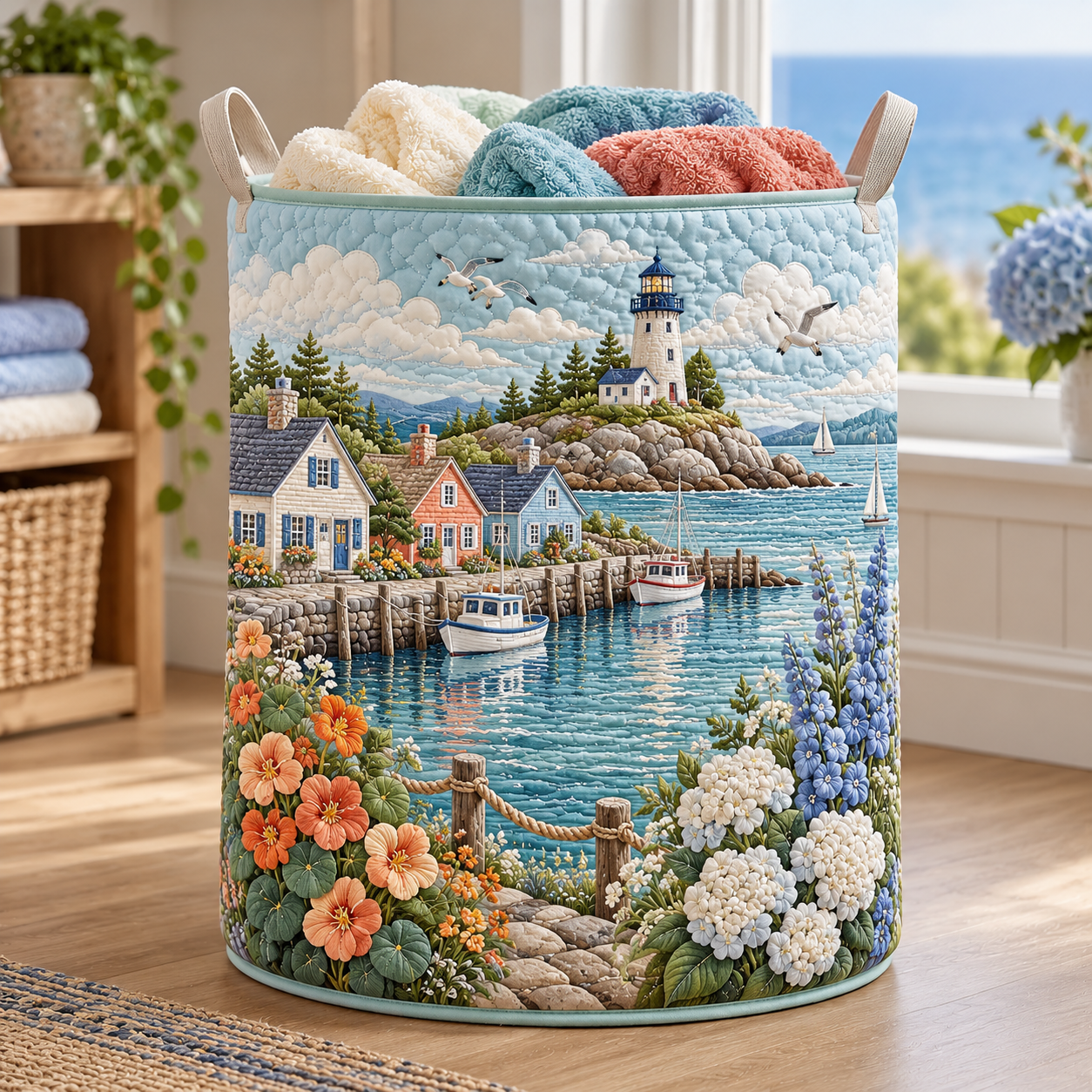 Coastal Village Lighthouse Garden Quilted Laundry Basket