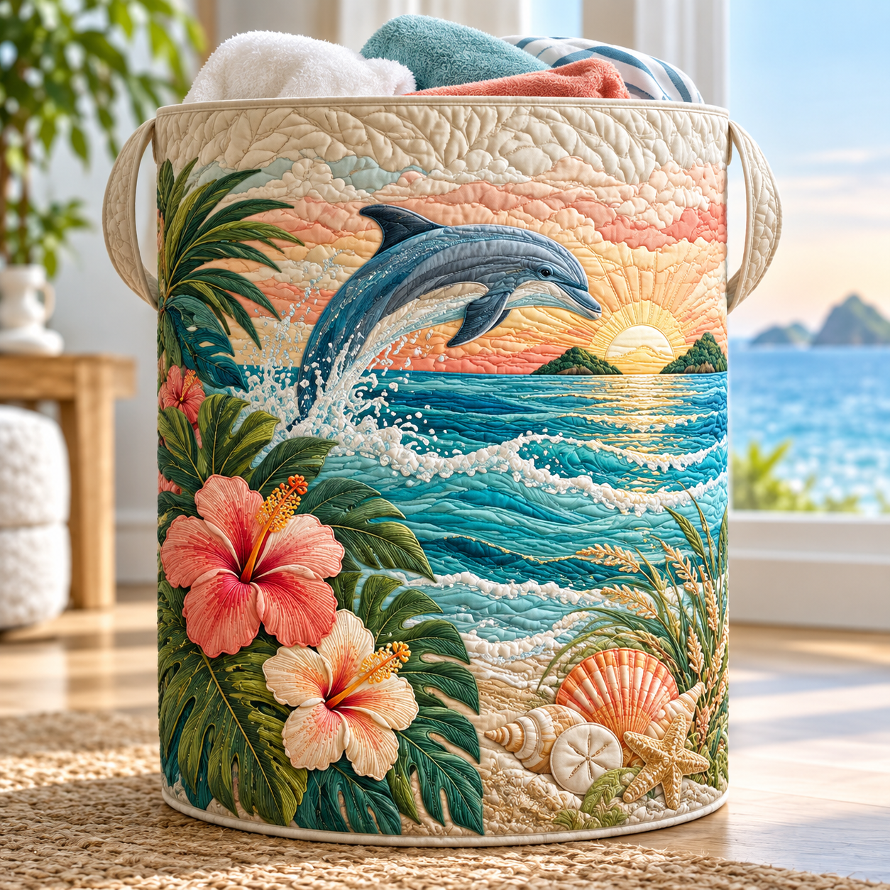 Tropical Dolphin Sunset Quilted Laundry Basket