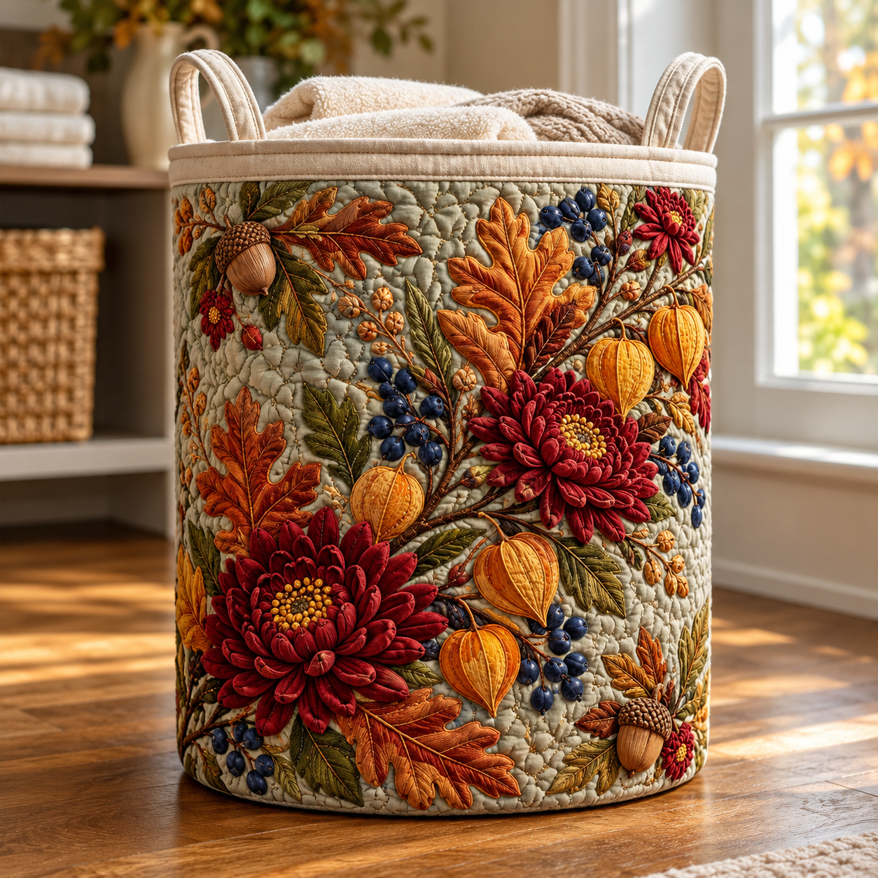 Autumn Chrysanthemum Harvest Quilted Laundry Basket