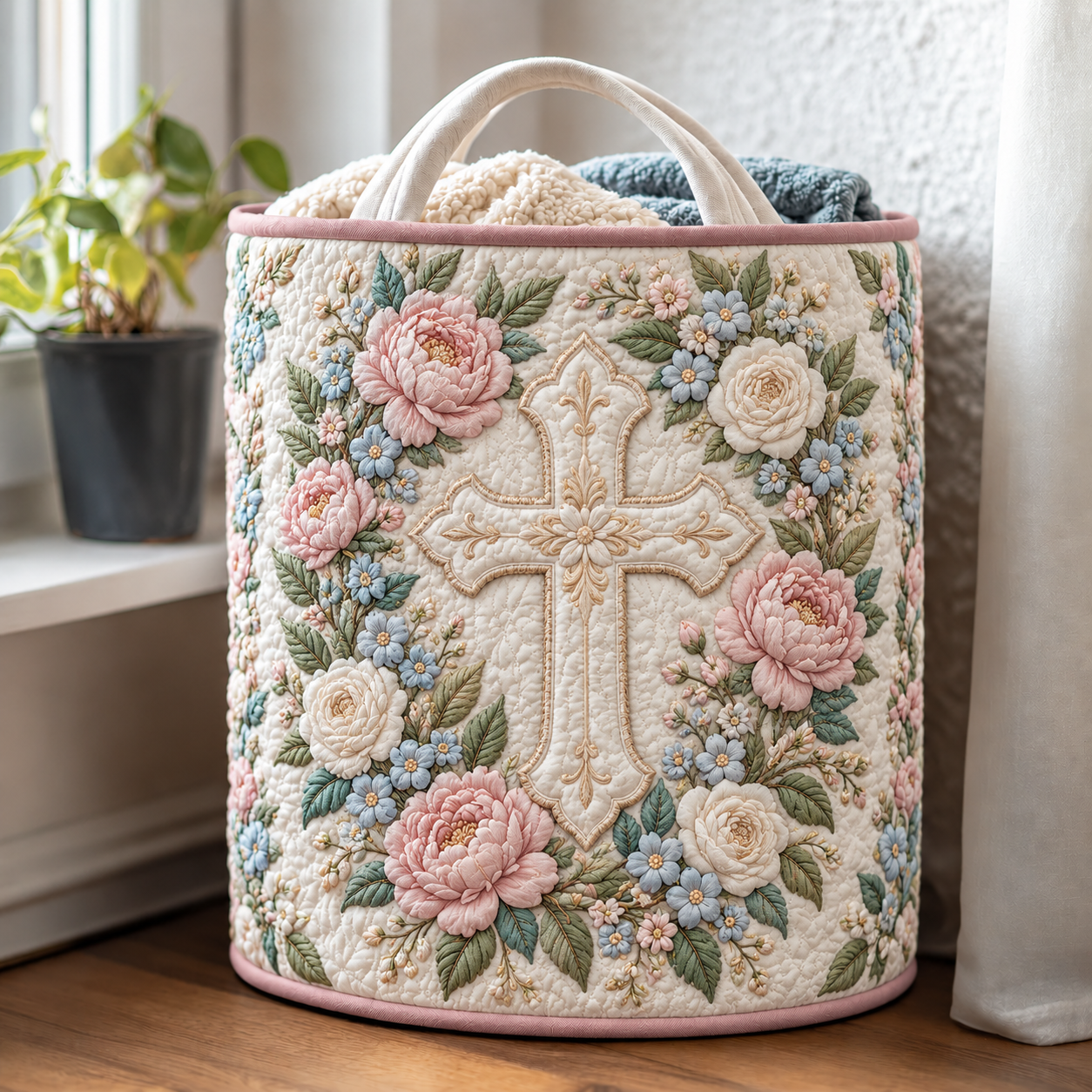 Blush Rose Floral Cross Quilted Laundry Basket