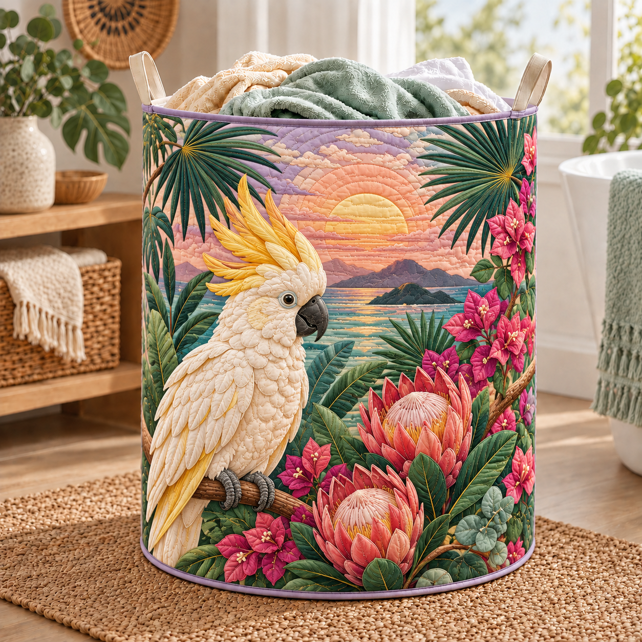 Sunset Cockatoo Tropical Garden Quilted Laundry Basket