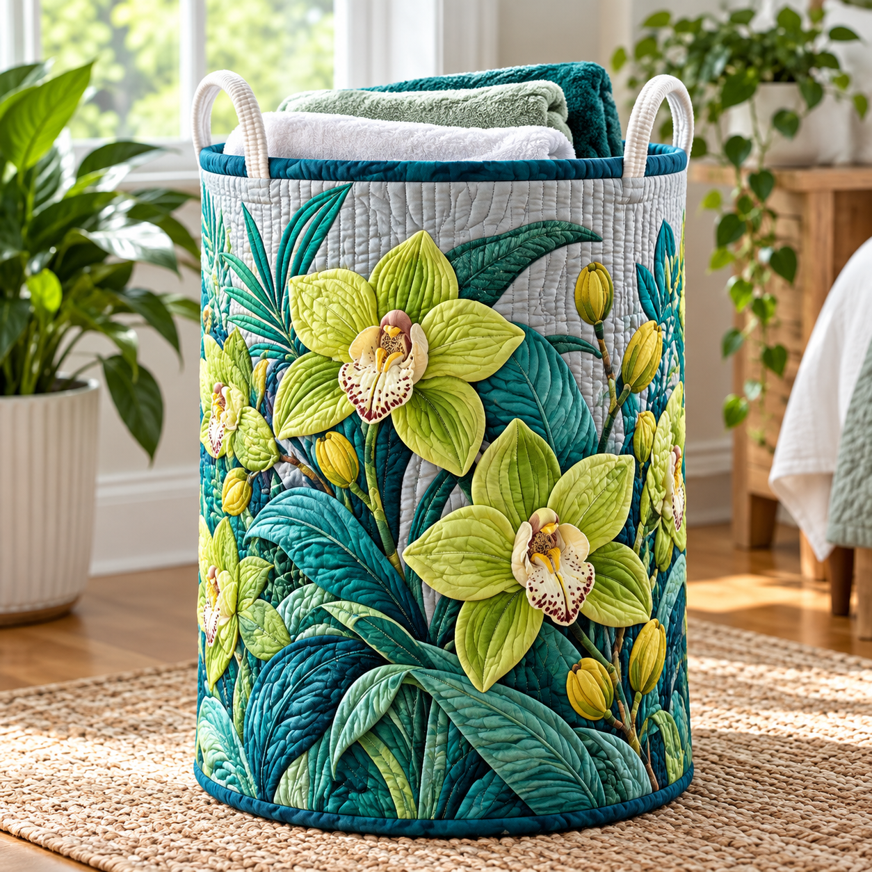 Green Cymbidium Orchid Garden Quilted Laundry Basket