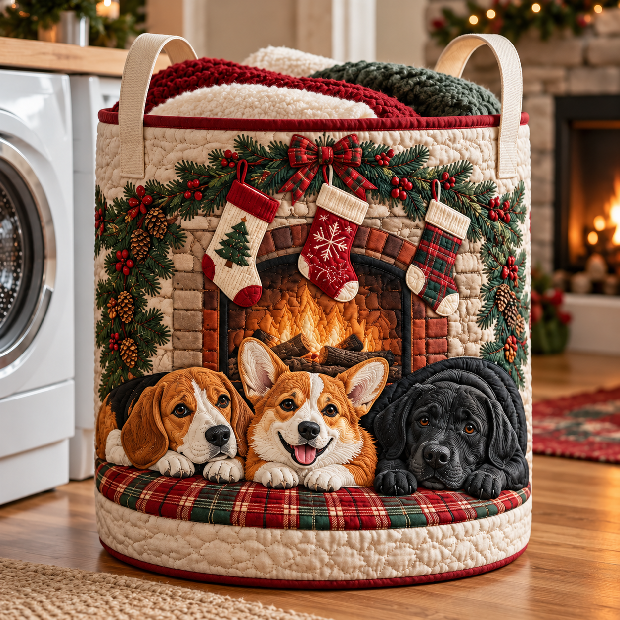 Cozy Christmas Fireplace Dogs Quilted Laundry Basket