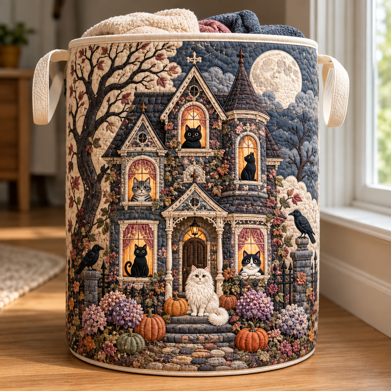 Haunted Cat Manor Quilted Laundry Basket