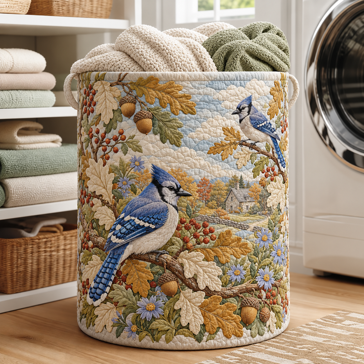 Blue Jay Autumn Woodland Quilted Laundry Basket