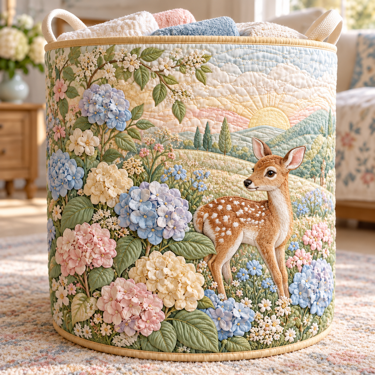 Fawn Hydrangea Meadow Quilted Laundry Basket