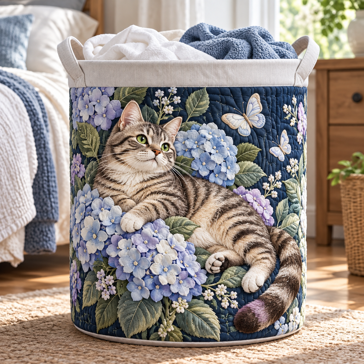Tabby Cat Hydrangea Garden Quilted Laundry Basket