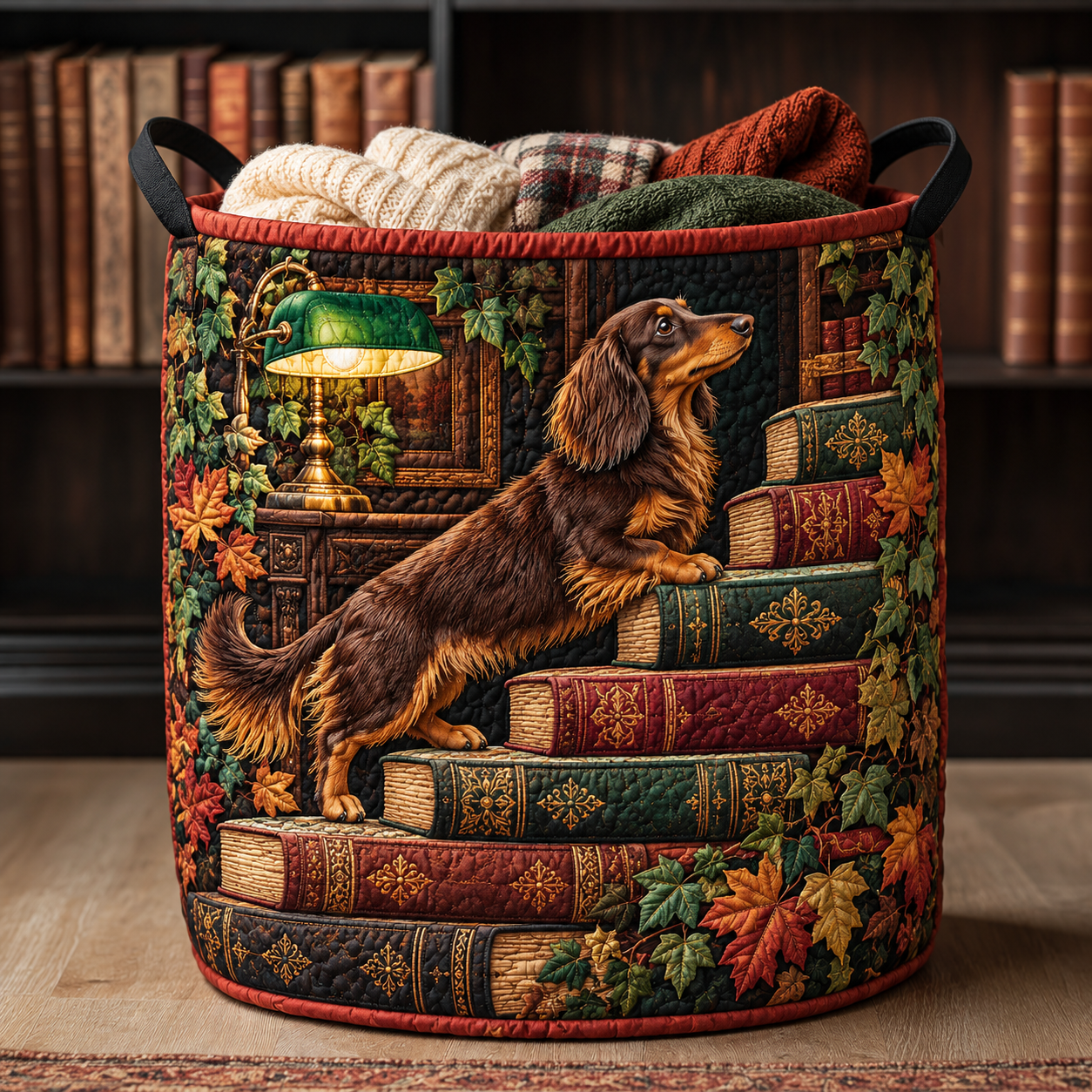 Dachshund Library Book Nook Quilted Laundry Basket