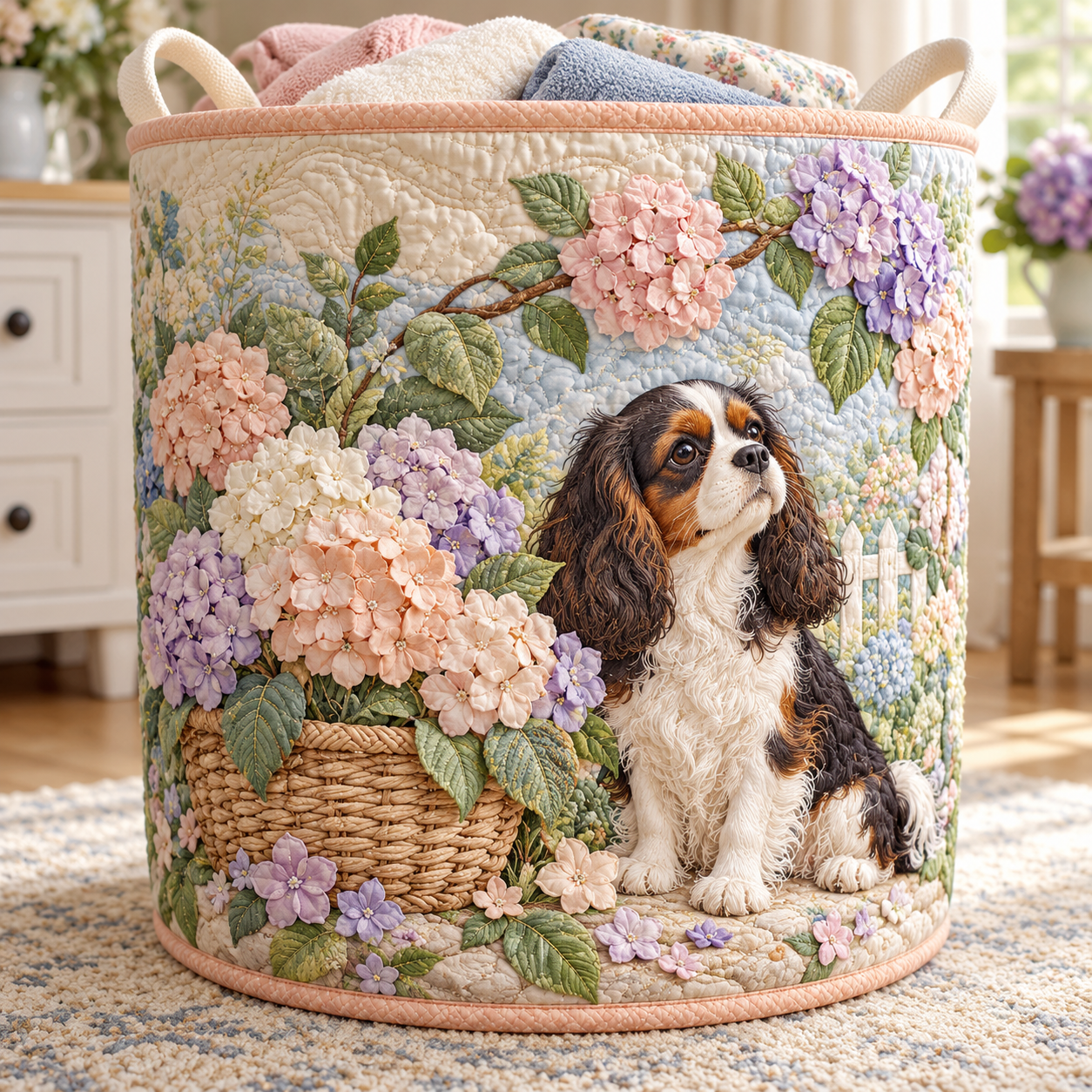 Spaniel Hydrangea Garden Quilted Laundry Basket