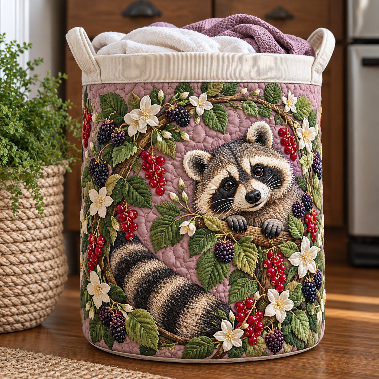 Raccoon Berry Woodland Quilted Laundry Basket