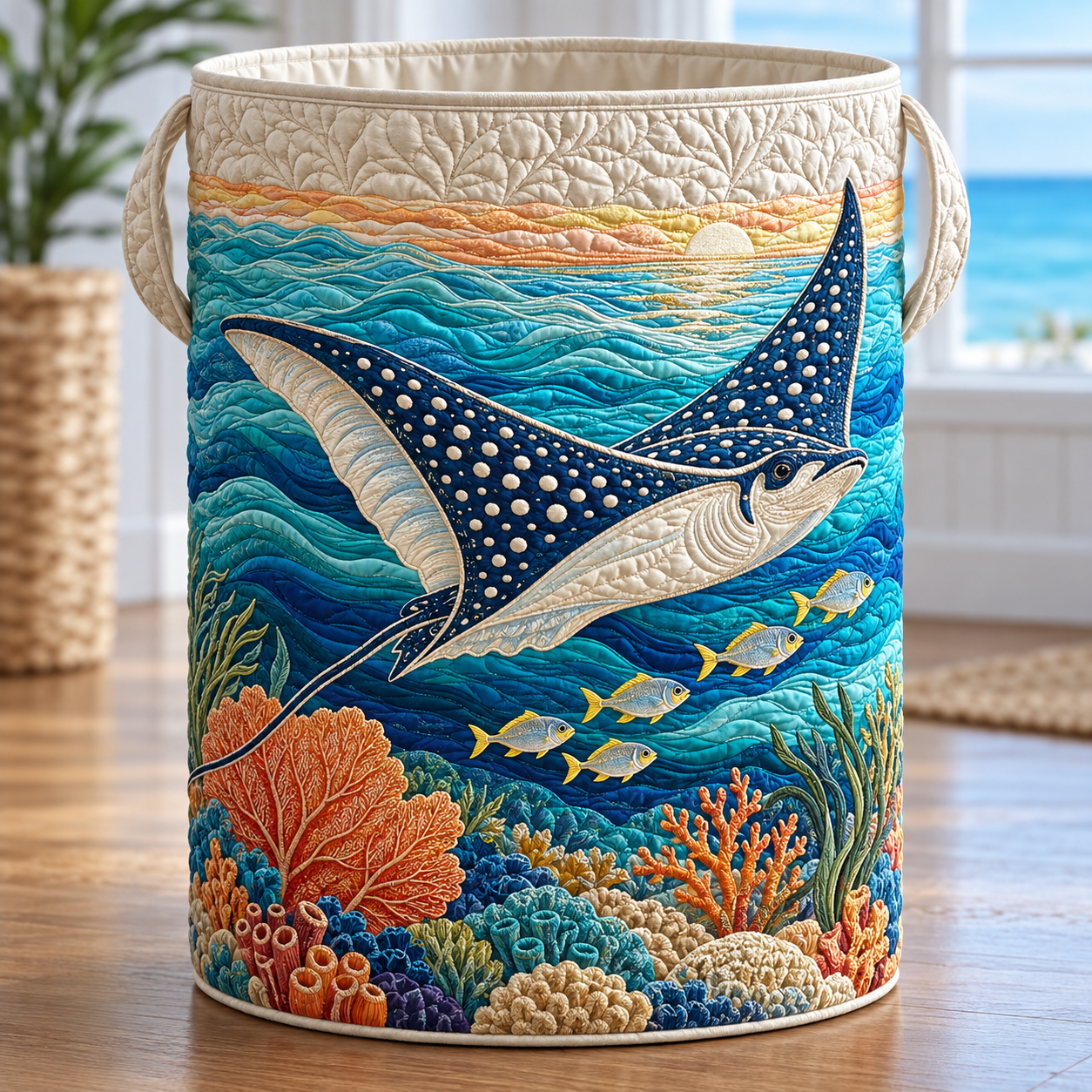Manta Ray Coral Reef Quilted Laundry Basket