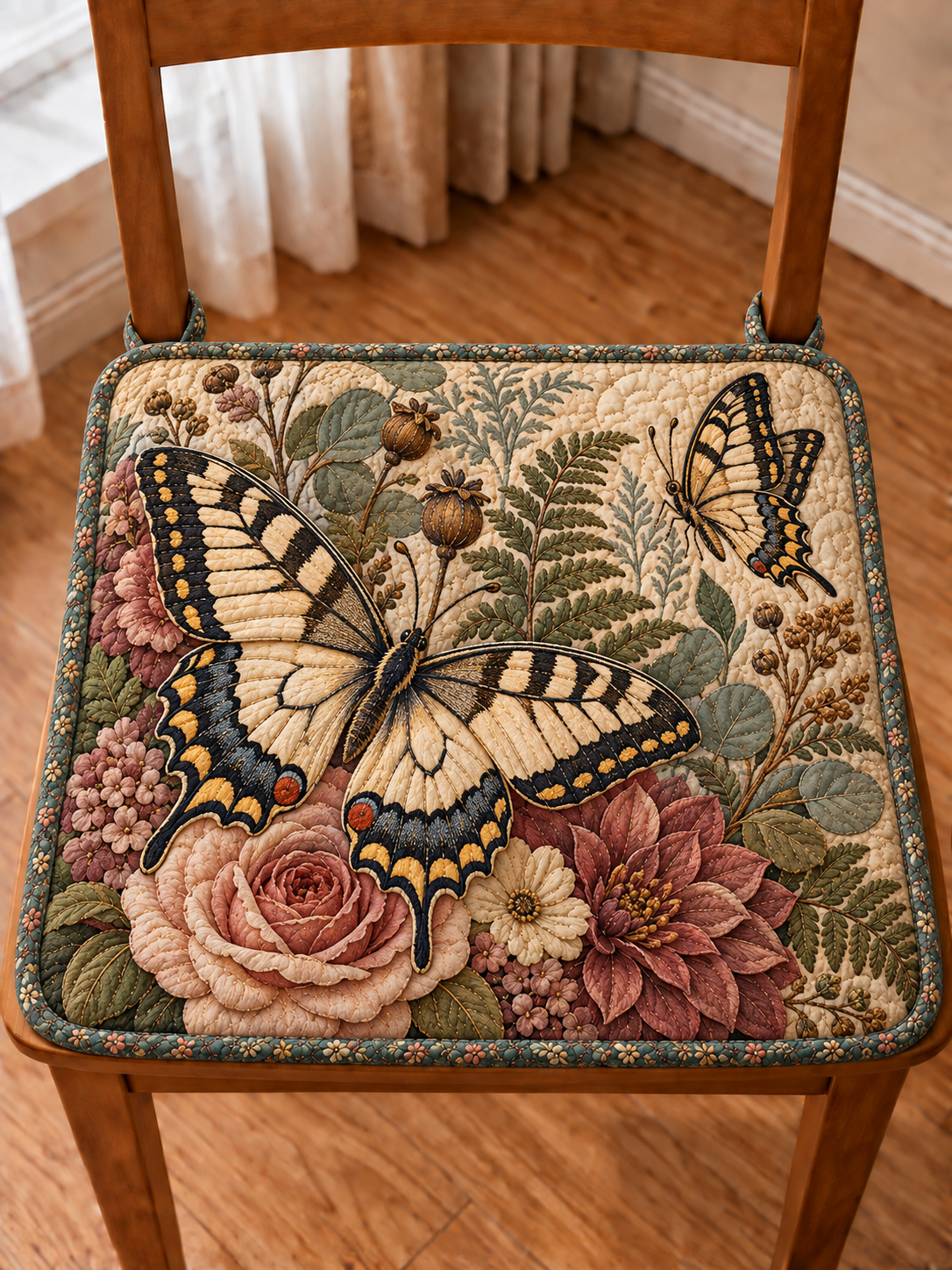 Vintage Swallowtail Botanical Quilted Chair Cushion