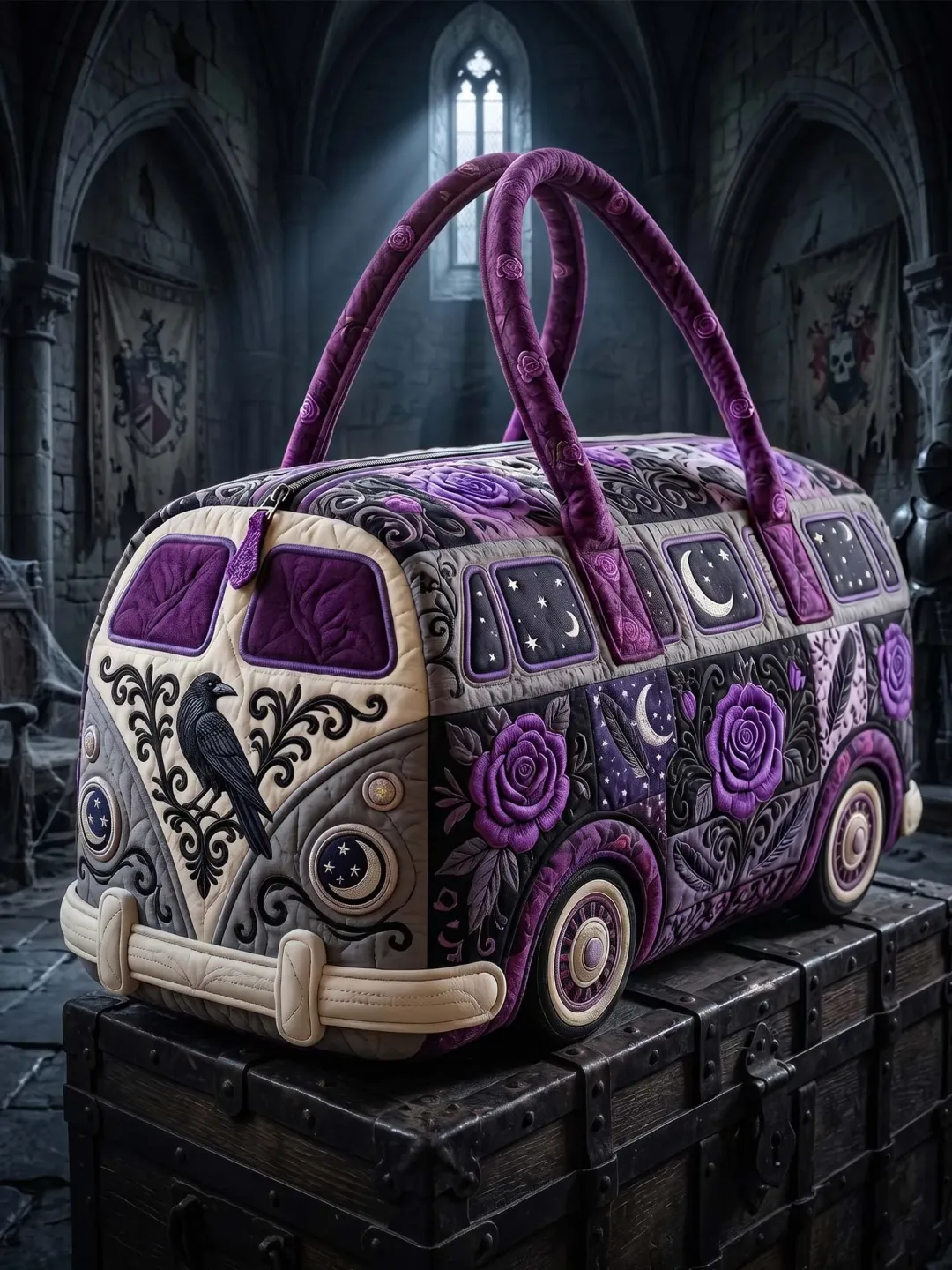 Raven Purple Rose Gothic Bus Quilted Duffle Bag