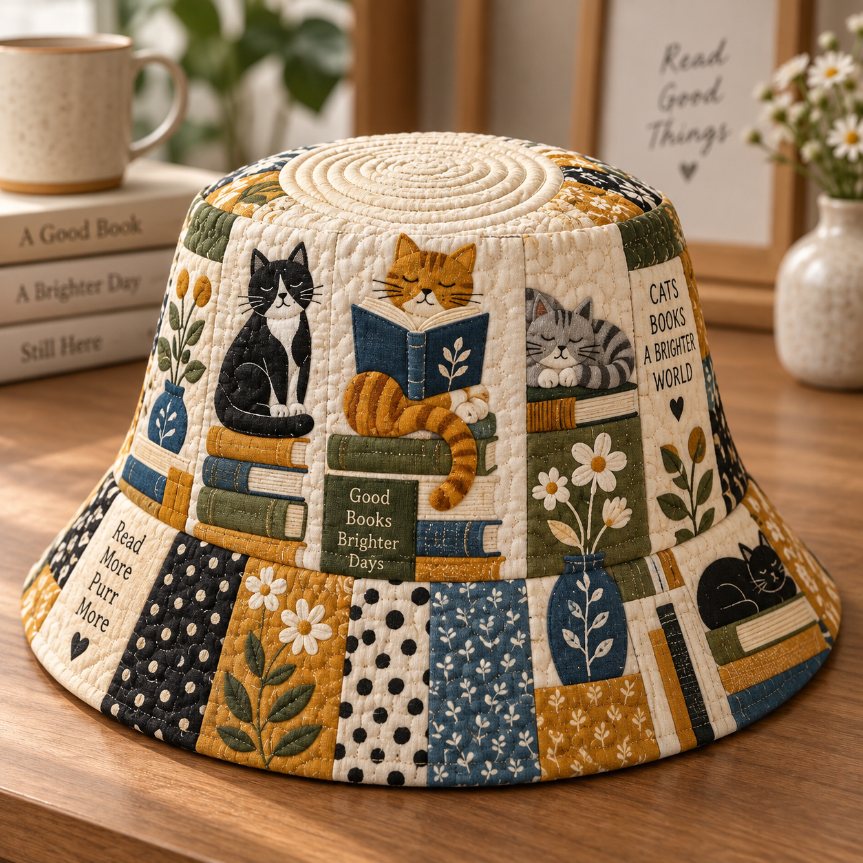 Cozy Cat & Books Patchwork Quilted Fishing Hat