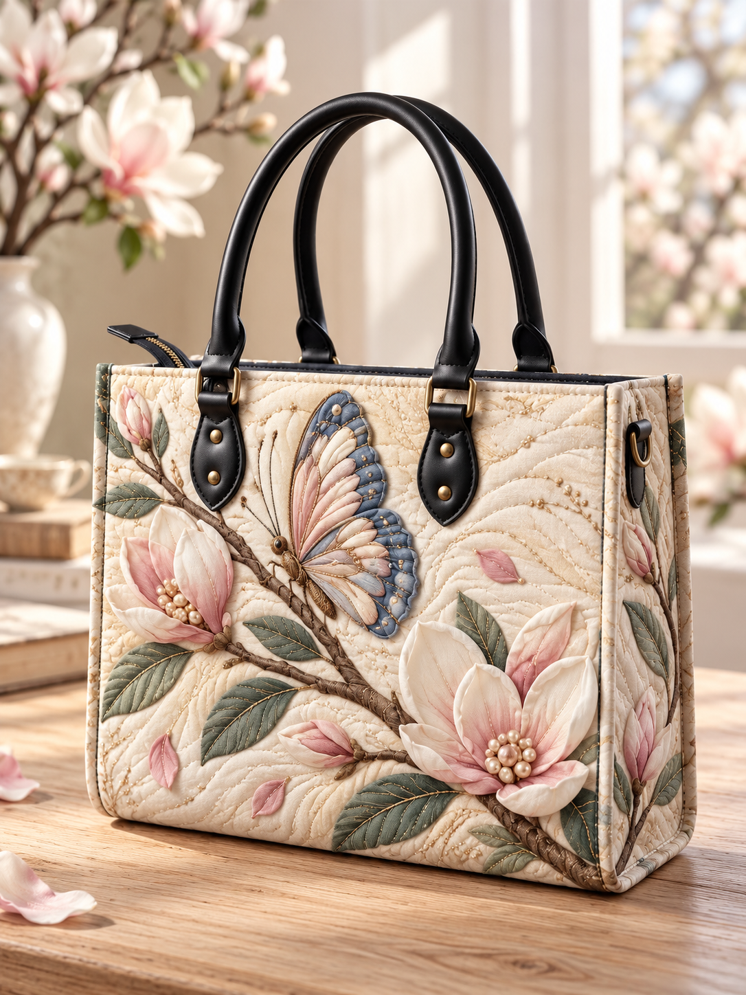 Pastel Butterfly Magnolia Quilted Leather Strap Bible Handbag