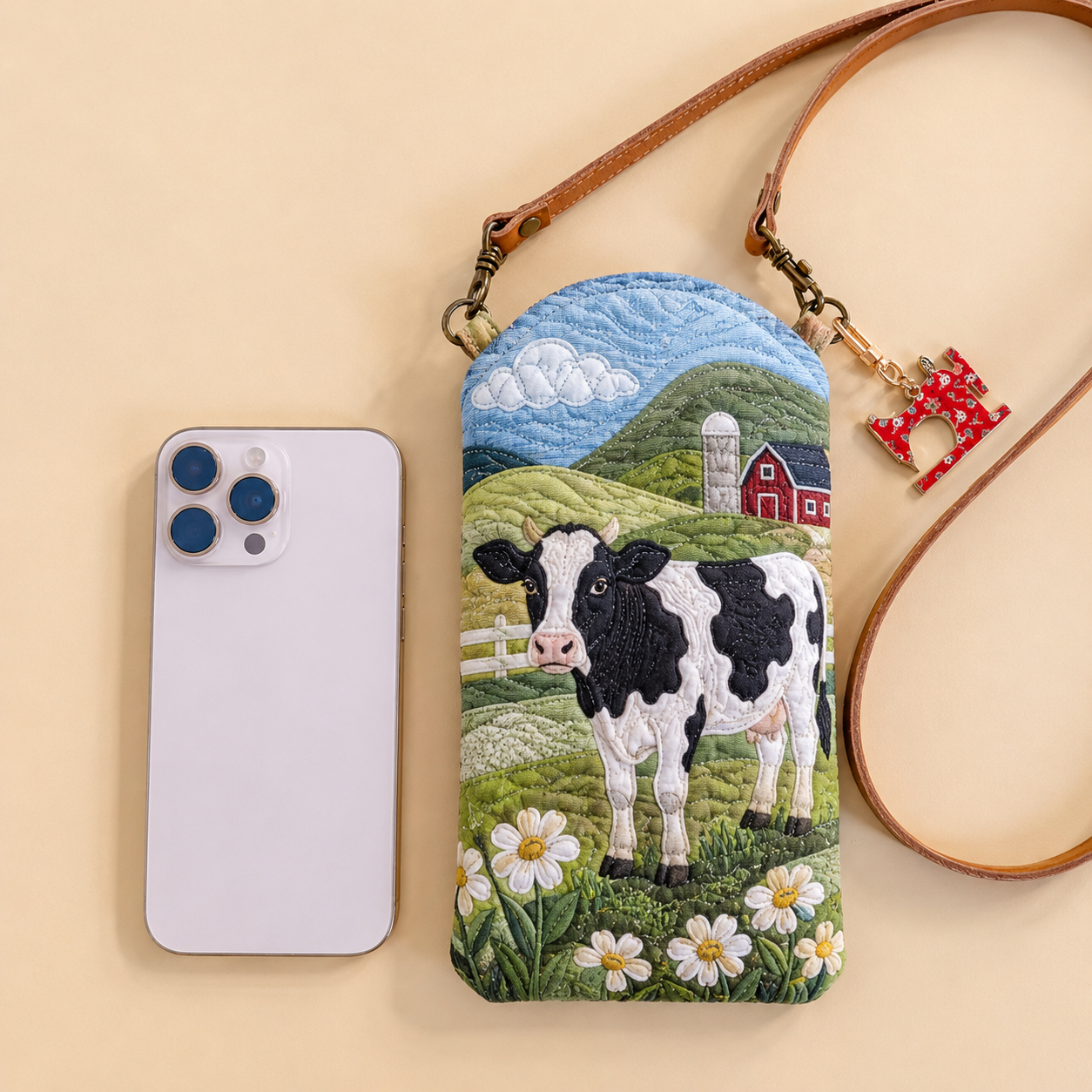 Pastoral Dairy Cow Quilted Slim Phone Crossbody Bag