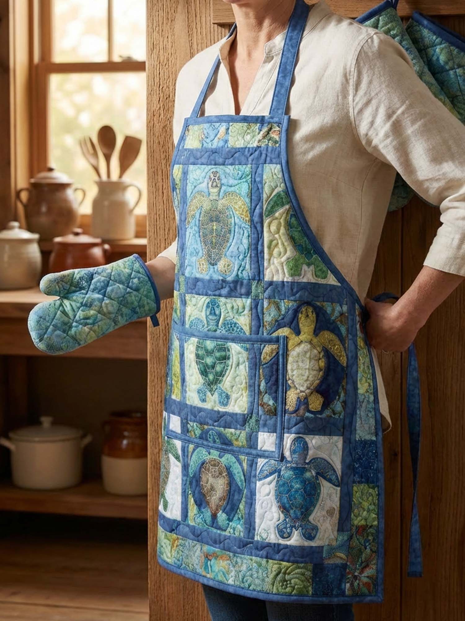 Sea Turtle Quilted Apron Set (2-Piece) – Padded Apron + Heat-Resistant Oven Mitts