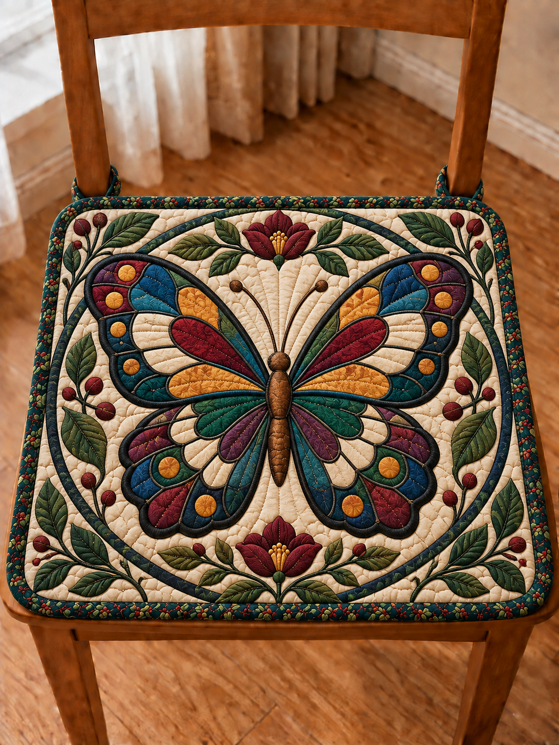Folk Art Butterfly Garden Quilted Chair Cushion