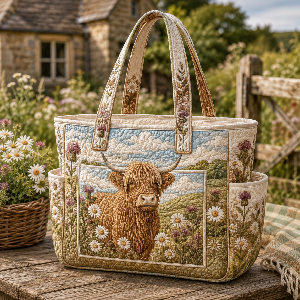Highland Cow Meadow Multiple Pockets Quilted Tote Bag