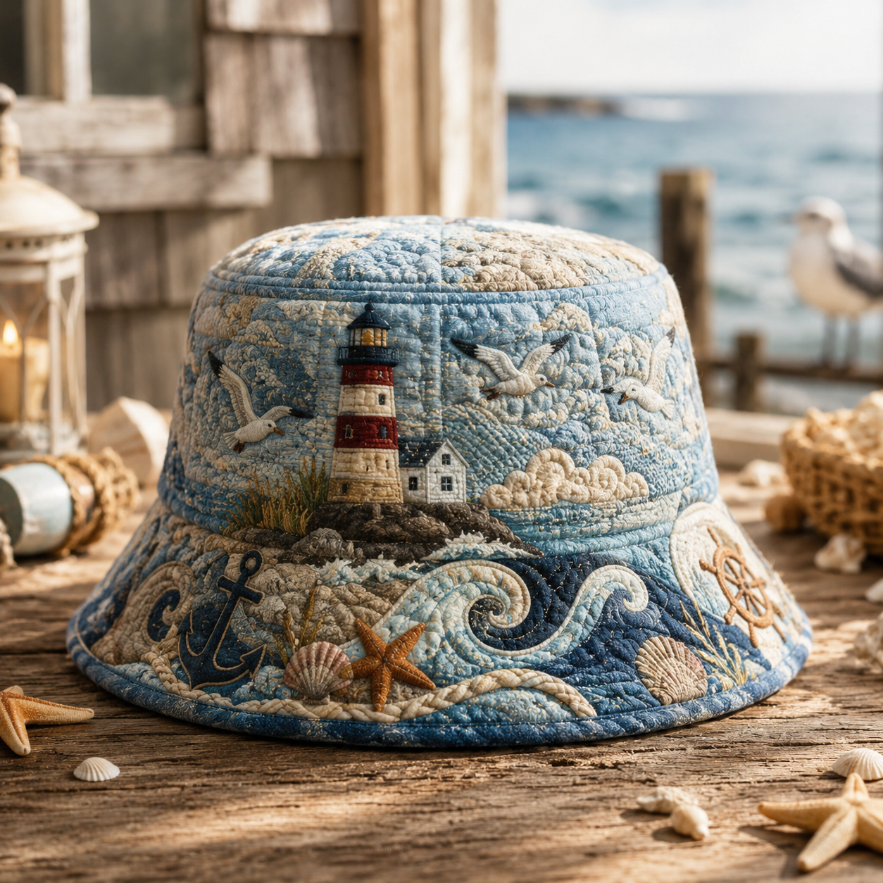 Coastal Lighthouse Wave Quilted Fishing Hat