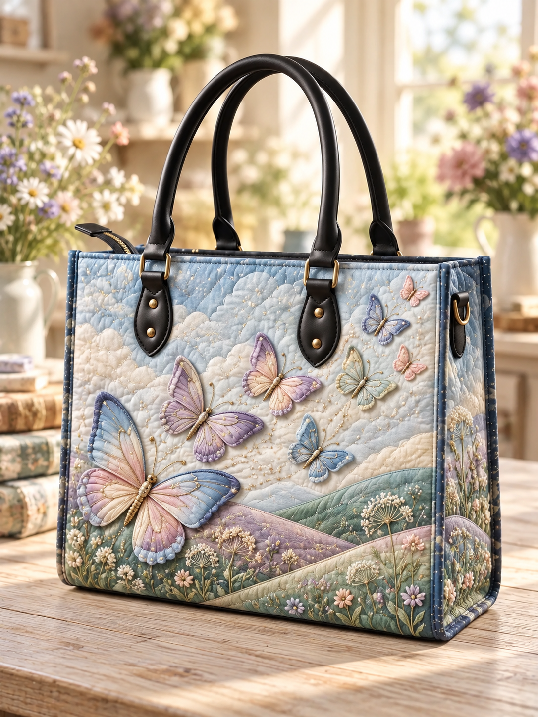 Dreamy Butterfly Meadow Quilted Leather Strap Bible Handbag
