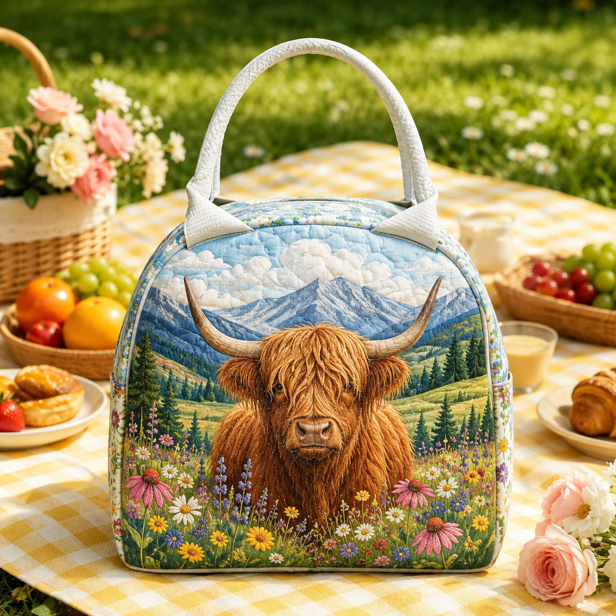 Highland Cow Wildflower Quilted Lunch Bag