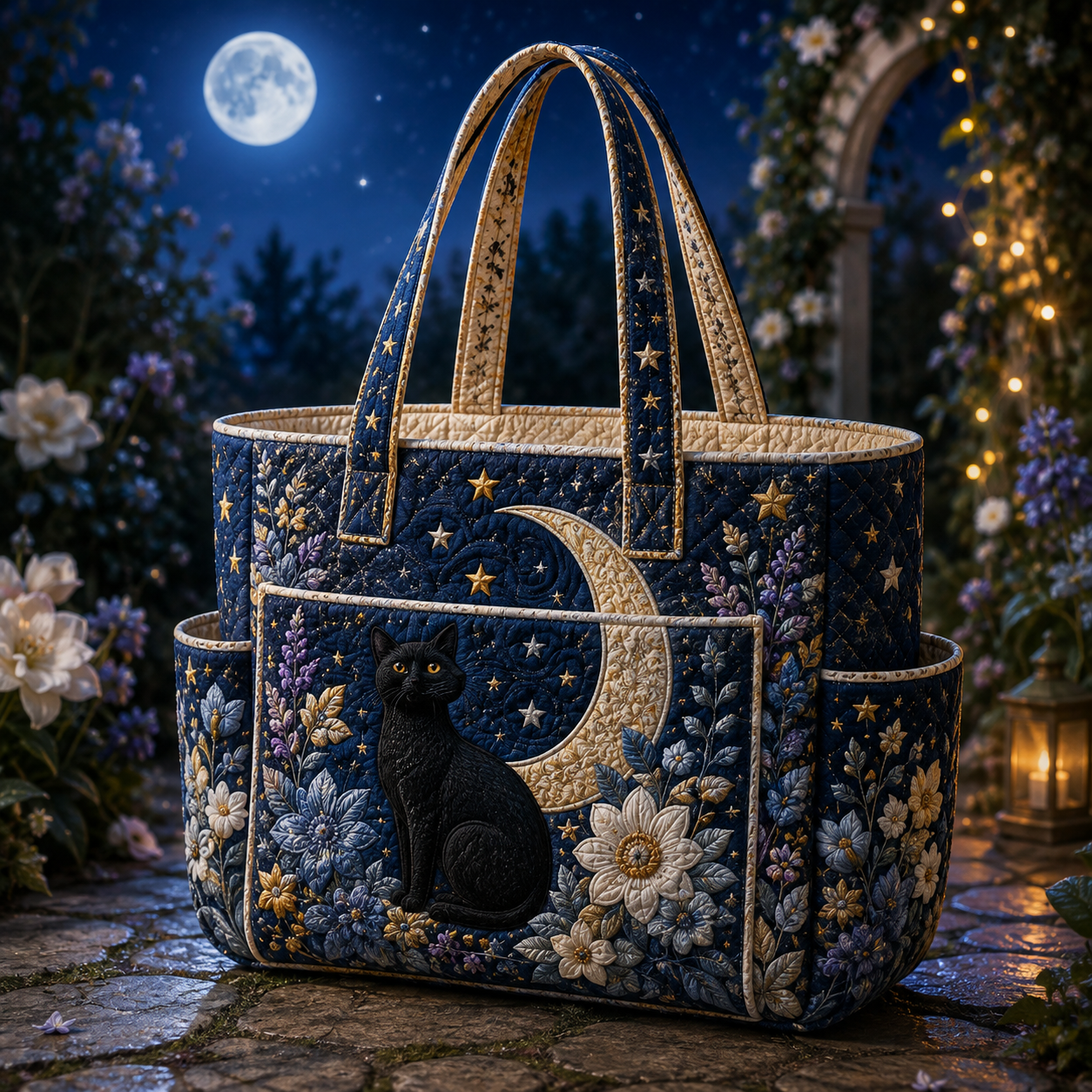 Moonlit Black Cat Multiple Pockets Quilted Tote Bag