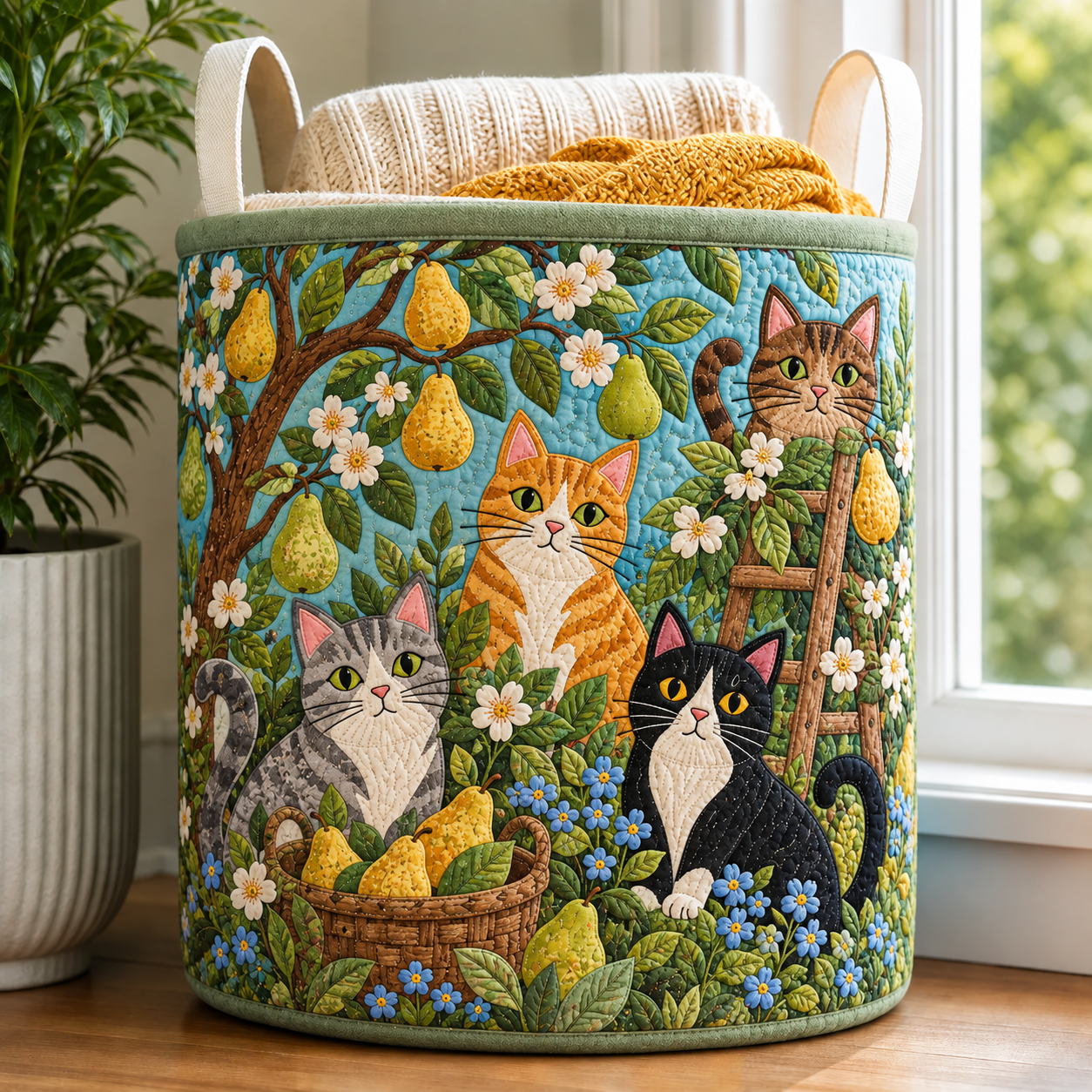 Pear Orchard Cats Quilted Laundry Basket