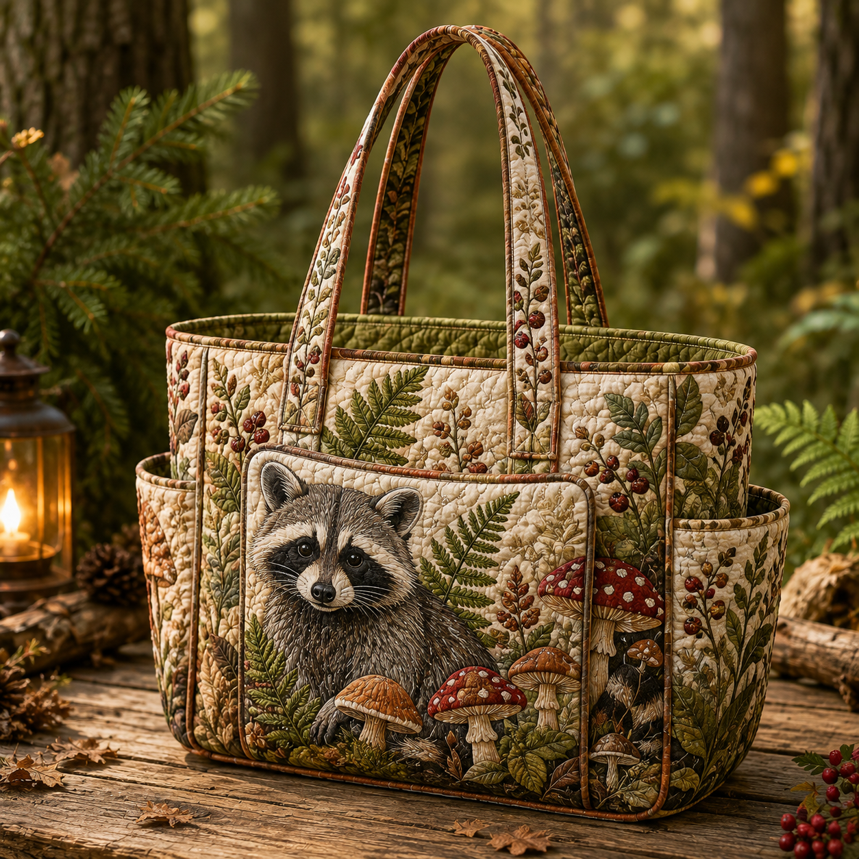 Woodland Raccoon Mushroom Multiple Pockets Quilted Tote Bag