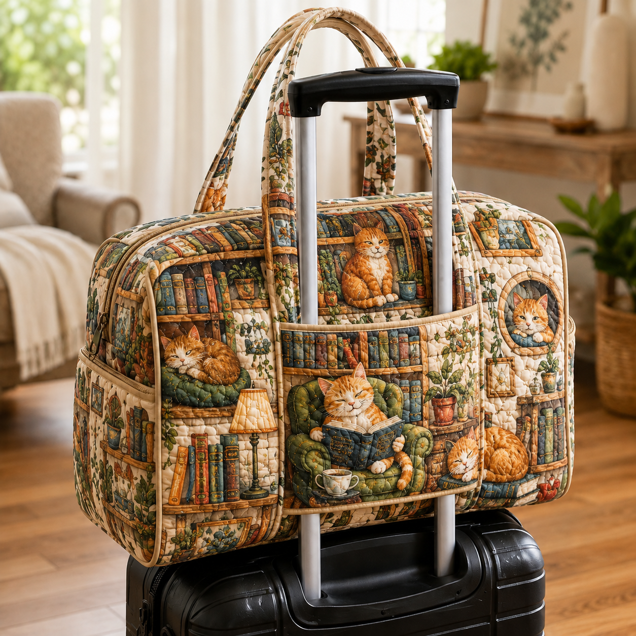 Cozy Cat Library Quilted Weekender Bag With Trolley Sleeve