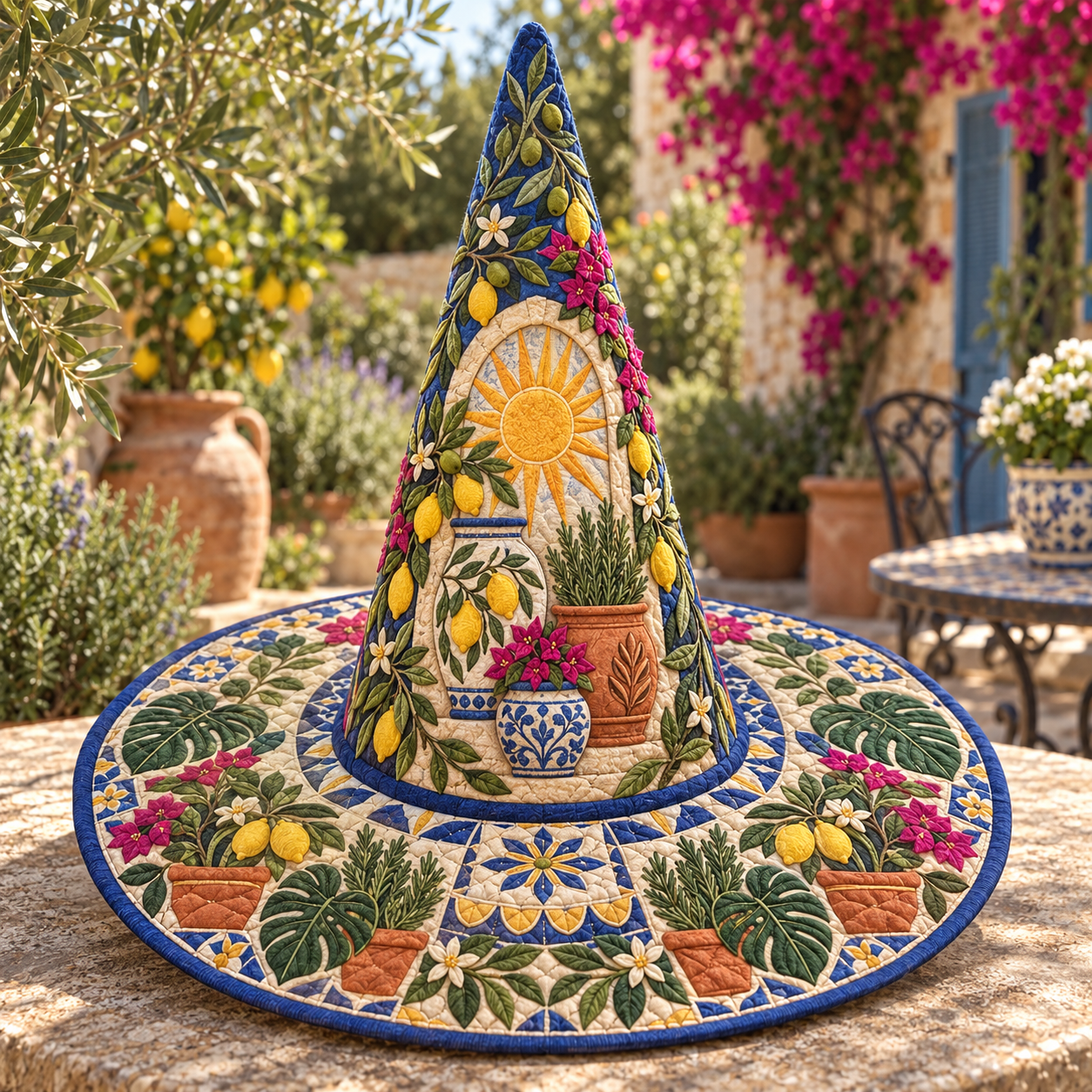 Sunlit Mediterranean Garden Quilted Witch Hat