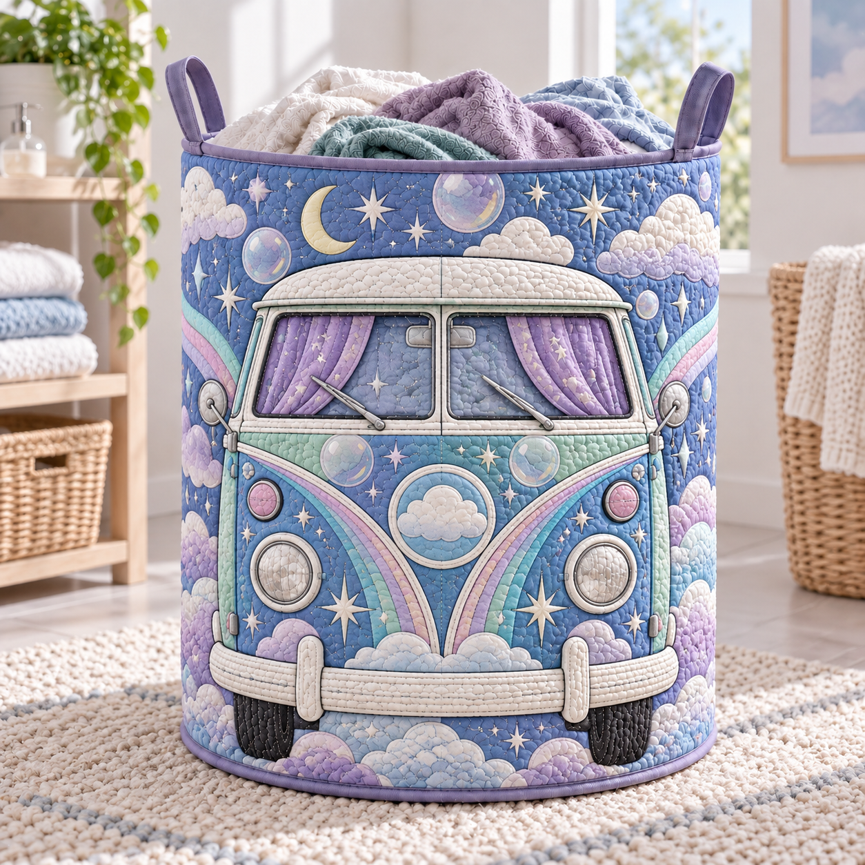 Dreamy Moon & Cloud Hippie Van Quilted Laundry Basket