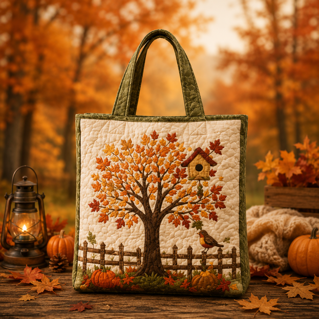 Autumn Tree Birdhouse Farm Quilted Tote Bag