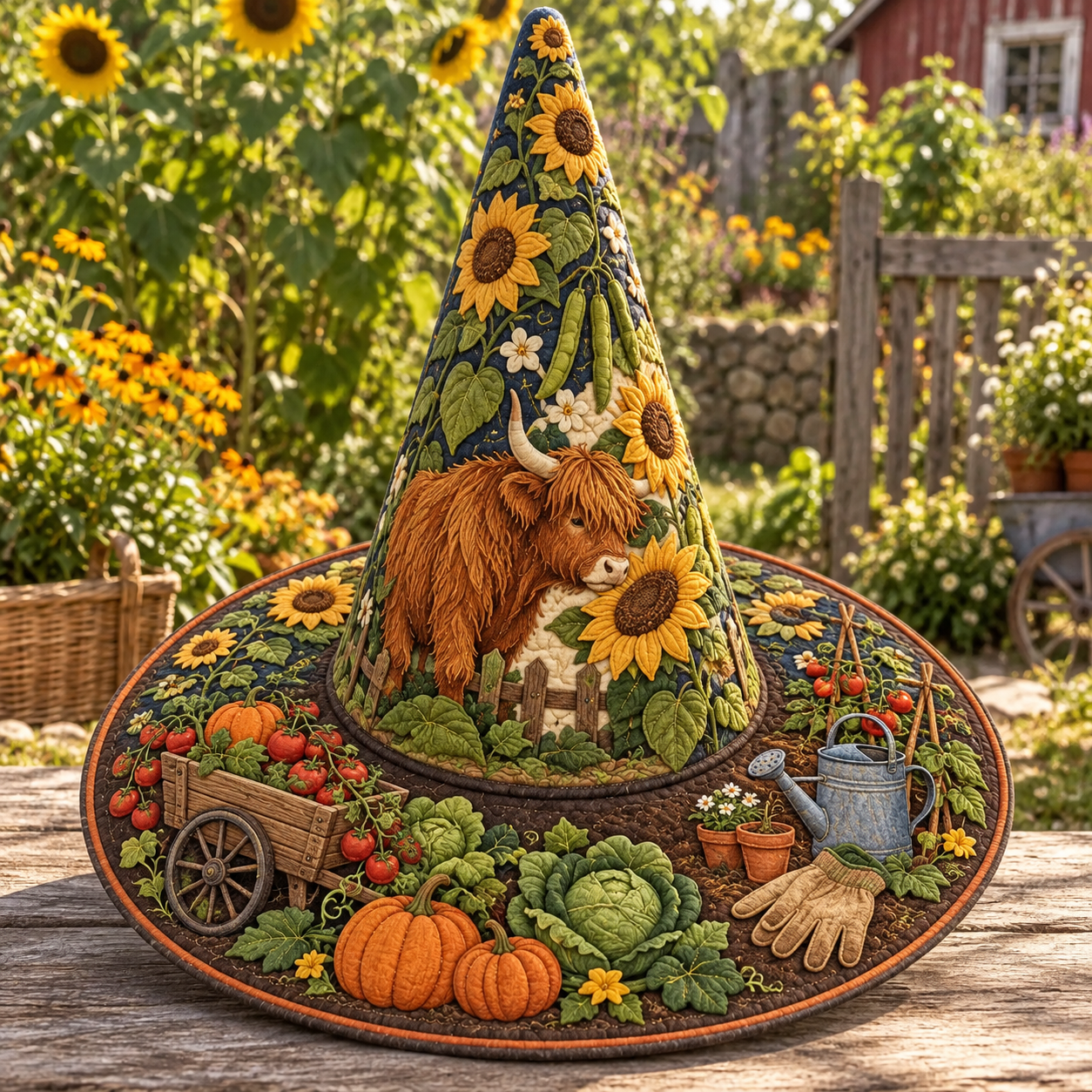 Sunflower Highland Cow Quilted Witch Hat