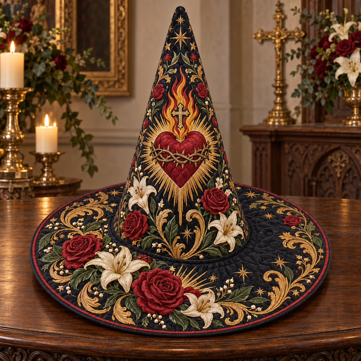 Sacred Heart and Roses Quilted Witch Hat