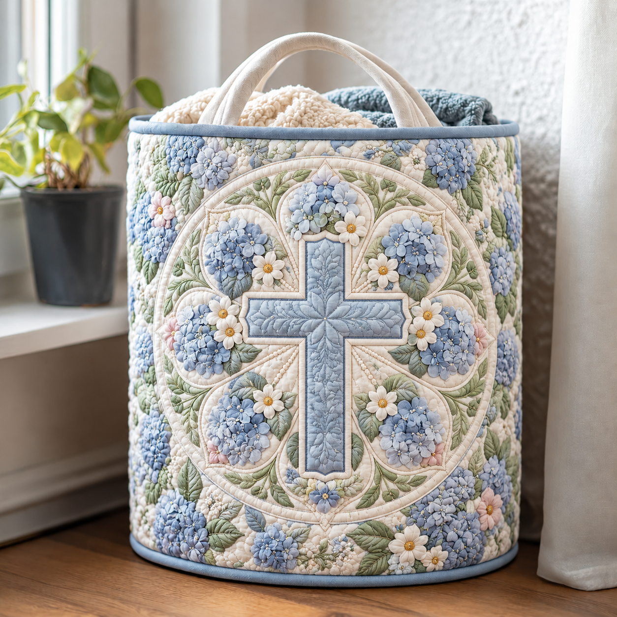 Blue Hydrangea Cross Quilted Laundry Basket