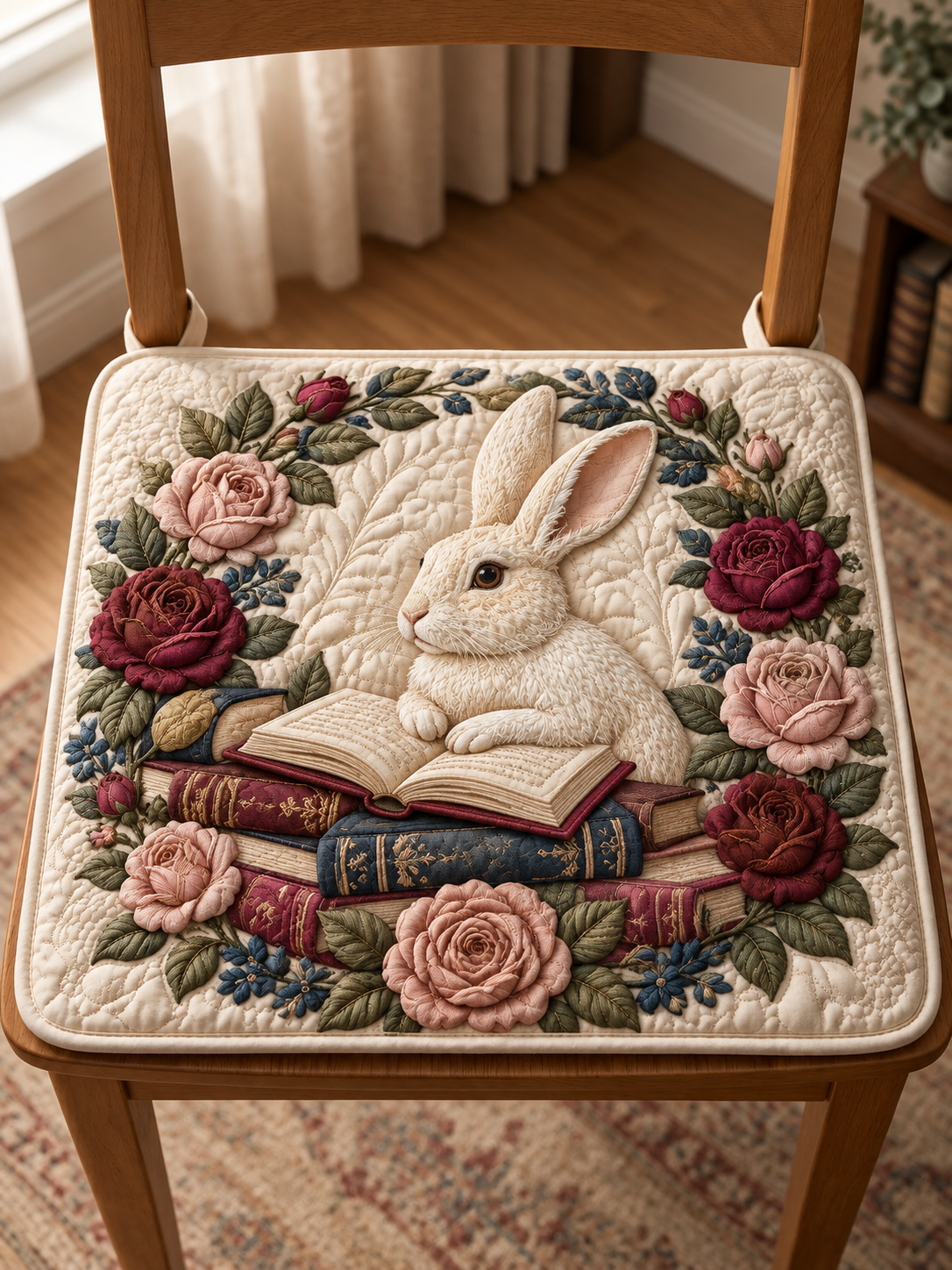 Rose Garden Reading Bunny Quilted Chair Cushion
