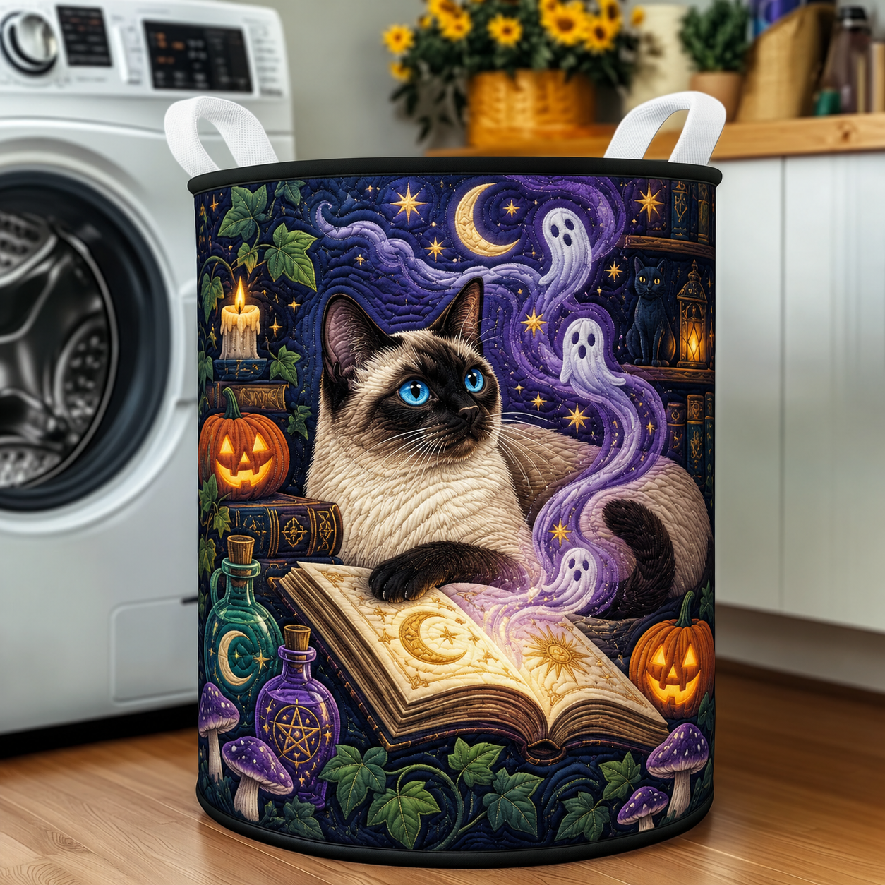 Siamese Cat Spellbook Magic Quilted Laundry Basket
