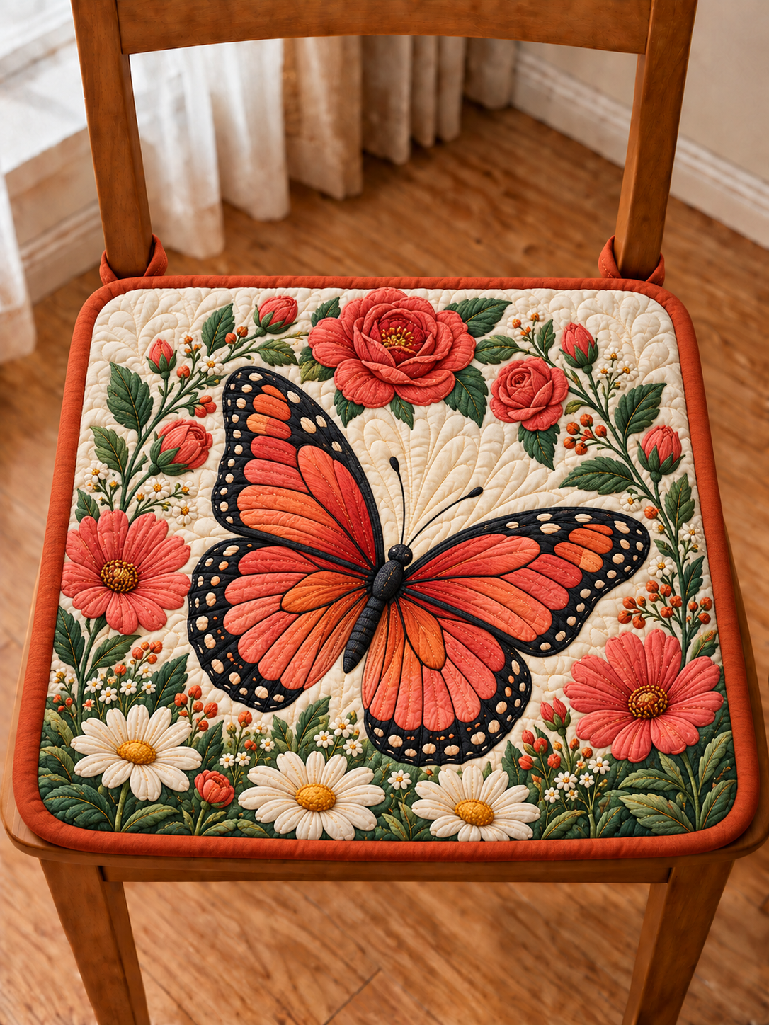 Monarch Butterfly Red Rose Quilted Chair Cushion