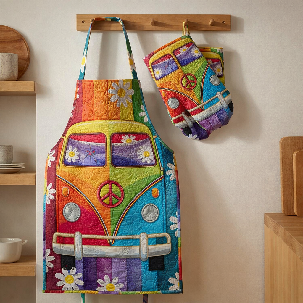 Hippie Van Quilted Apron Set (2-Piece) – Padded Apron + Heat-Resistant Oven Mitts