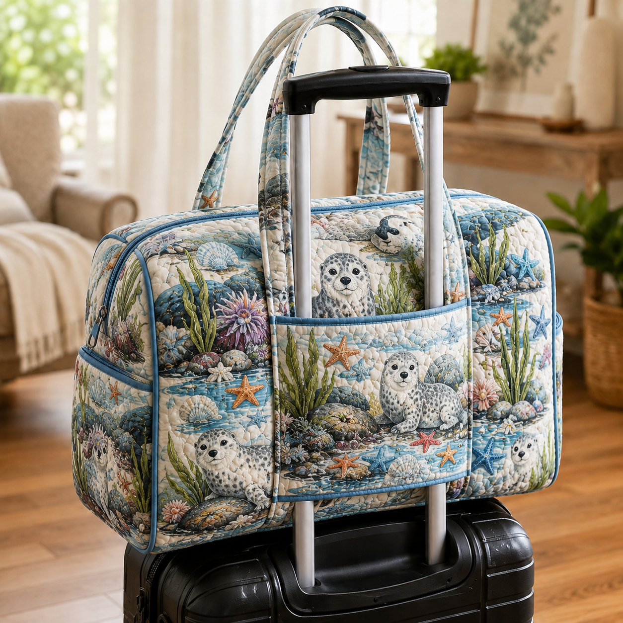 Coastal Seal Tidepool Quilted Weekender Bag With Trolley Sleeve