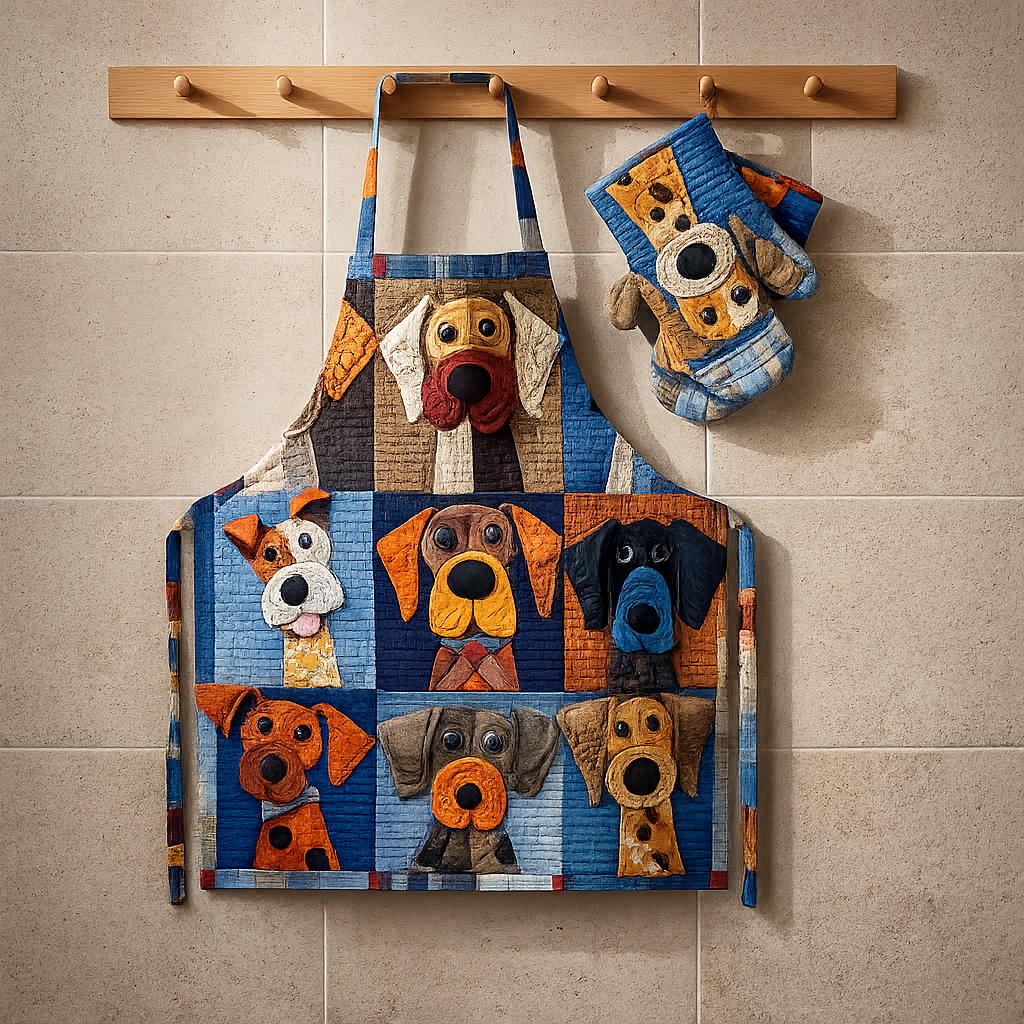 Love Dogs Quilted Apron Set (2-Piece) – Padded Apron + Heat-Resistant Oven Mitts