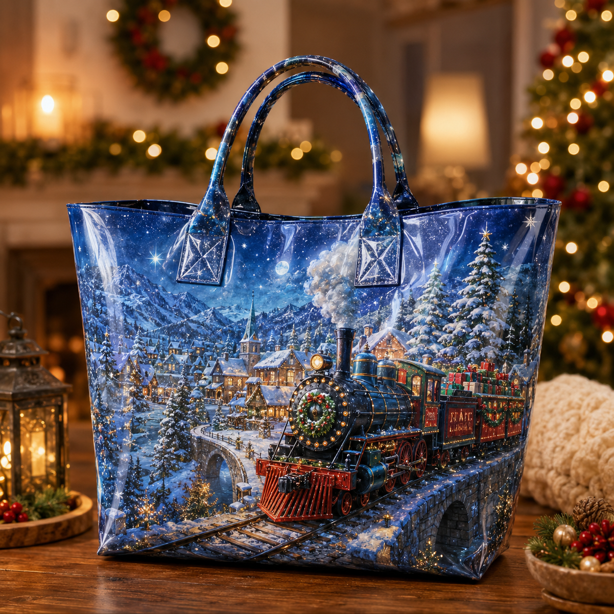 Christmas Train Snowy Village PVC Tote Bag