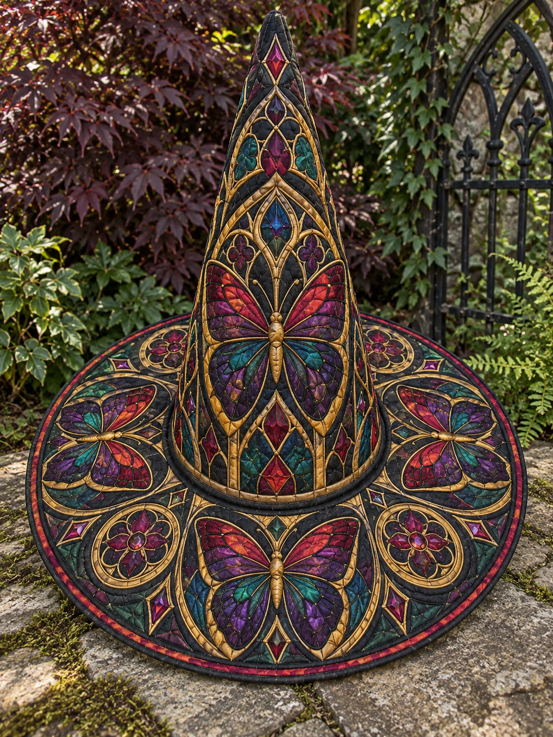 Stained Glass Butterfly Garden Quilted Witch Hat