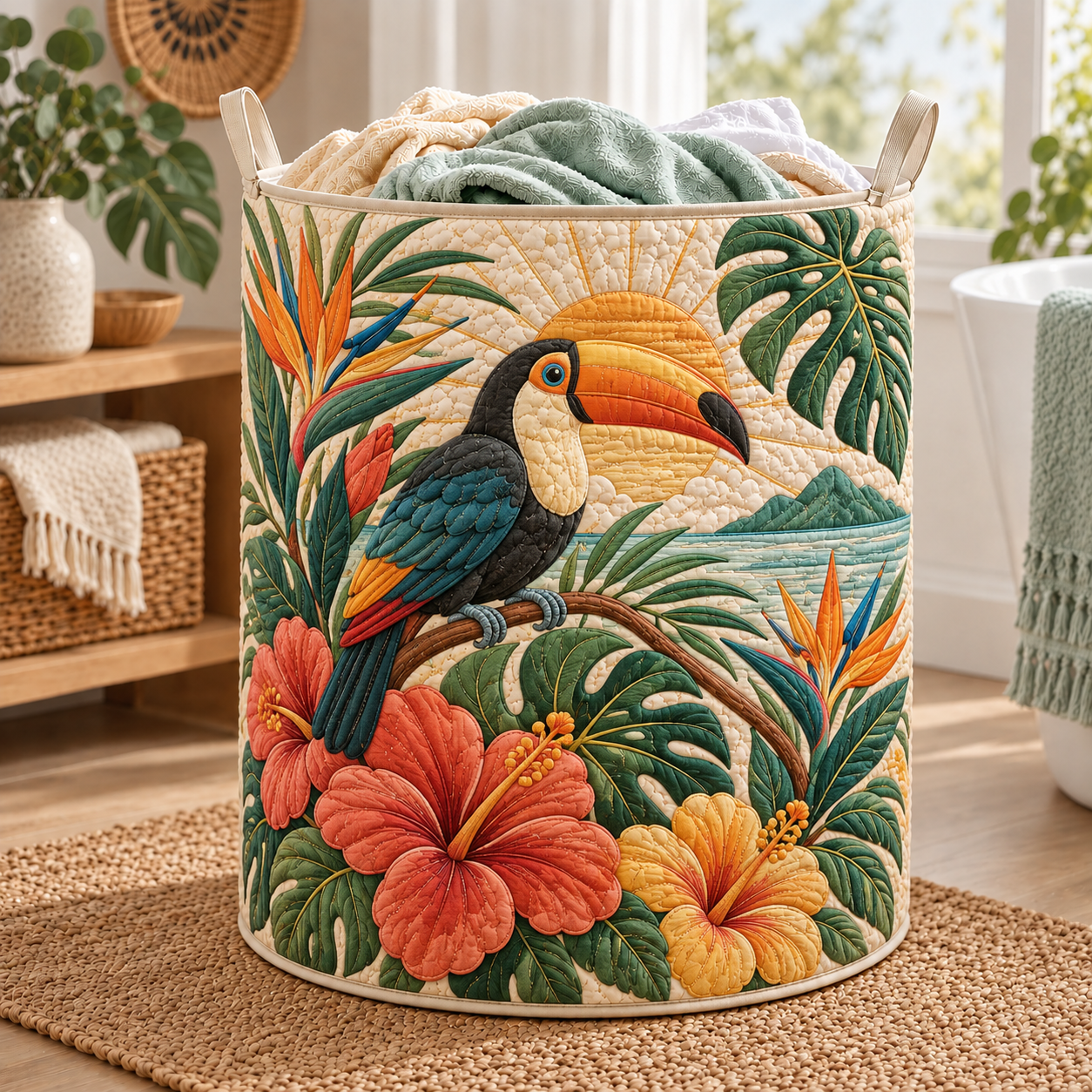 Tropical Toucan Paradise Quilted Laundry Basket